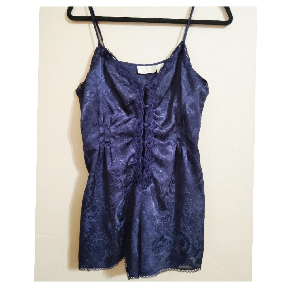 Victoria Secret Gold Label Lace Blue Teddy Romper Size Large - Picture 1 of 5